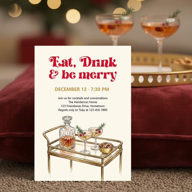 Convites Carrinho de Bar Retro Coma Beba e Alegre-se Festa  (Eat Drink & Be Merry Holiday Party Invitation by Darling & May - printed or digital download)