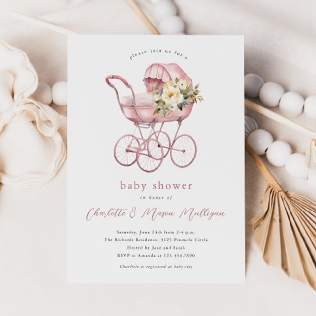 Convites Carrinho de Bebê Antigo Rosa Chuv de Bebê de Casal (Vintage blush pink baby carriage with floral bouquet couples baby shower invitation.)