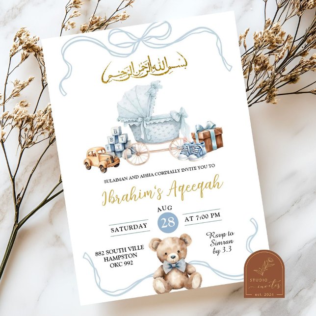Convites Carrinho de Bebê Árabe Baby Shower Azul Coquete (Criador carregado)