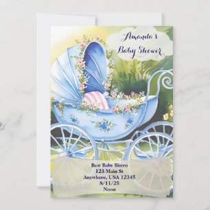 Convites Carrinho de Bebê Azul Vintage no Jardim em Flor co