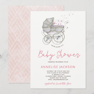 Convites Carrinho de bebê blush aquarela baby girl shower