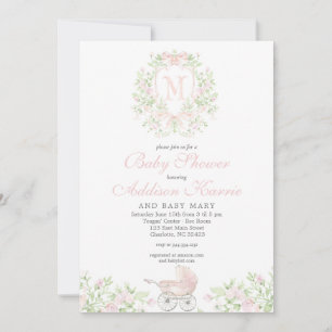 Convites Carrinho de bebê menina Monograma