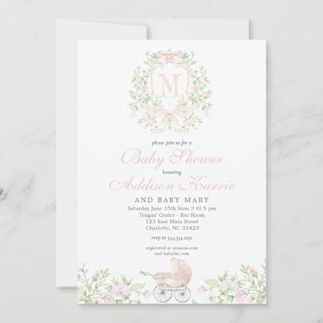 Convites Carrinho de bebê menina Monograma (Frente)