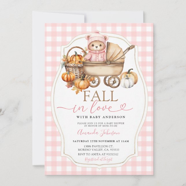 Convites Carrinho de Bebê Pink Bear Fall Baby Shower (Frente)