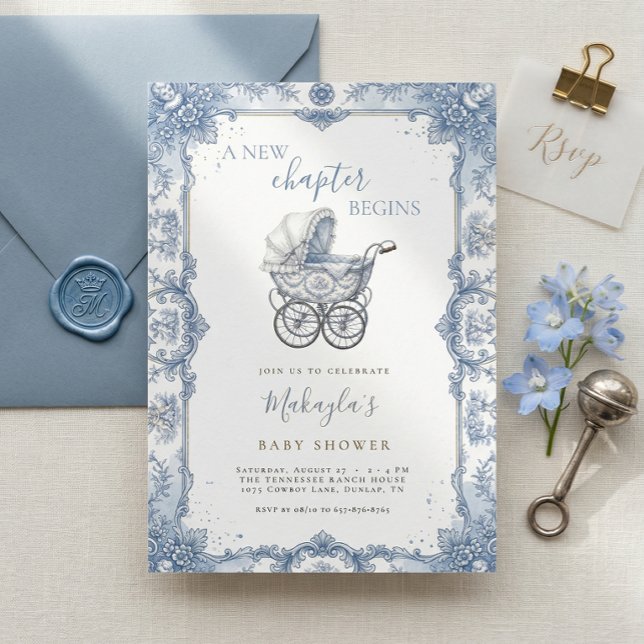 Convites Carrinho de Bebê Toile de Chinoiserie Azul Present (Criador carregado)