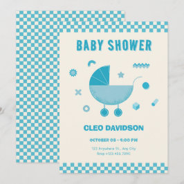Convites Carrinho de bebê xadrez azul presente de baby show