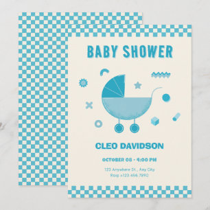 Convites Carrinho de bebê xadrez azul presente de baby show