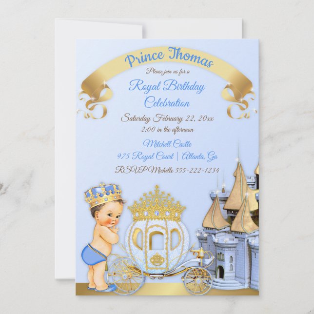 Convites Carrinho de Castelo do Príncipe Real Azul Dourado  (Frente)