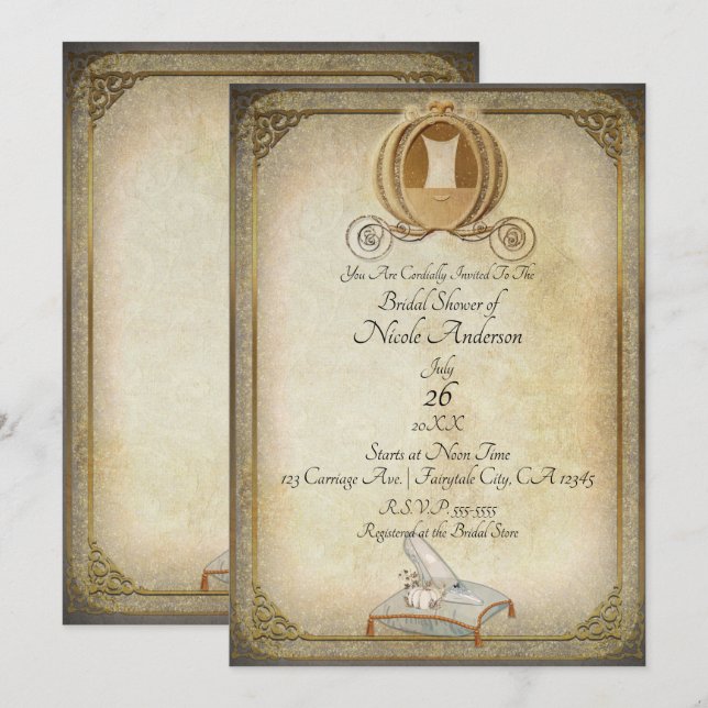 Convites Carrinho de Cinderela Vintage Sapata Bridal Shower (Frente/Verso)
