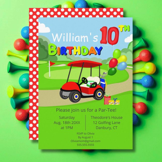 Convites Carrinho de Golfe Vermelho de Aniversário de 10 An (Criador carregado)