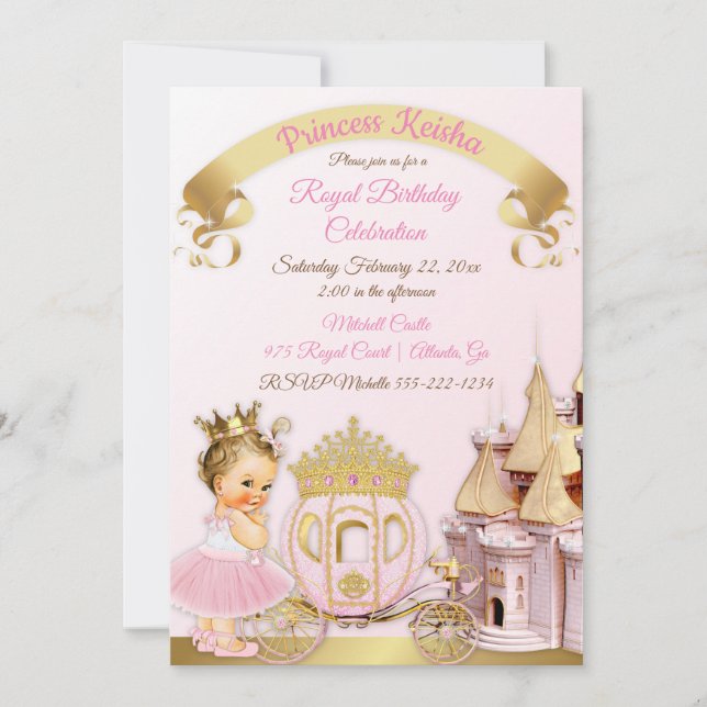 Convites Carrinho de Princesa Castelo Rosa Dourado Foto Men (Frente)