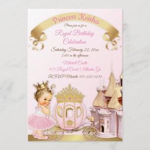 Convites Carrinho de Princesa Castelo Rosa Dourado Foto Men