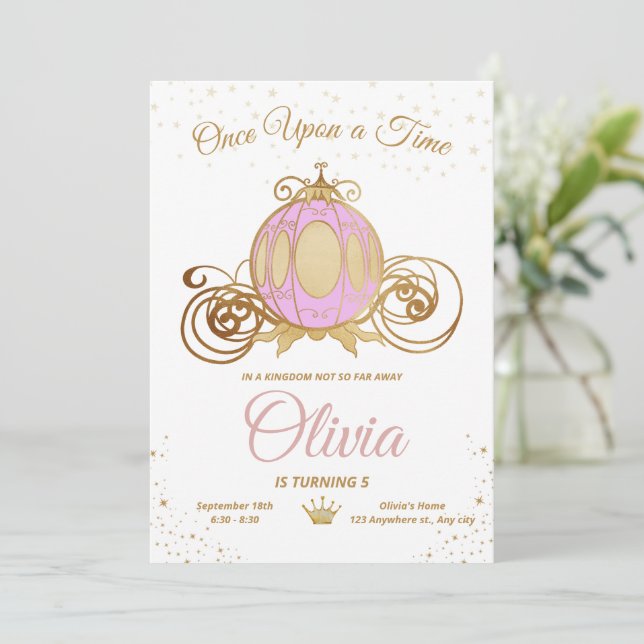 Convites Carrinho de Princesa Menina Aniversário Festa Real (Em pé/Frente)