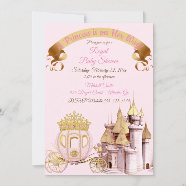 Convites Carrinho de Princesa Real Castelo Rosa Dourado Men (Frente)