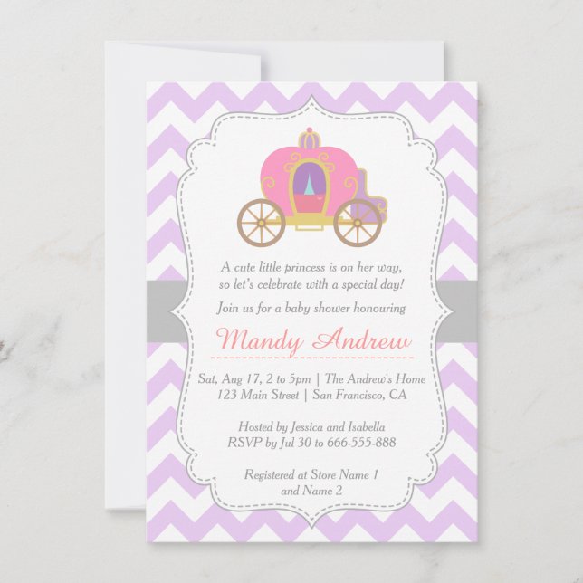 Convites Carrinho Princesa Chevron Roxo, Chá de Bebê Menina (Frente)