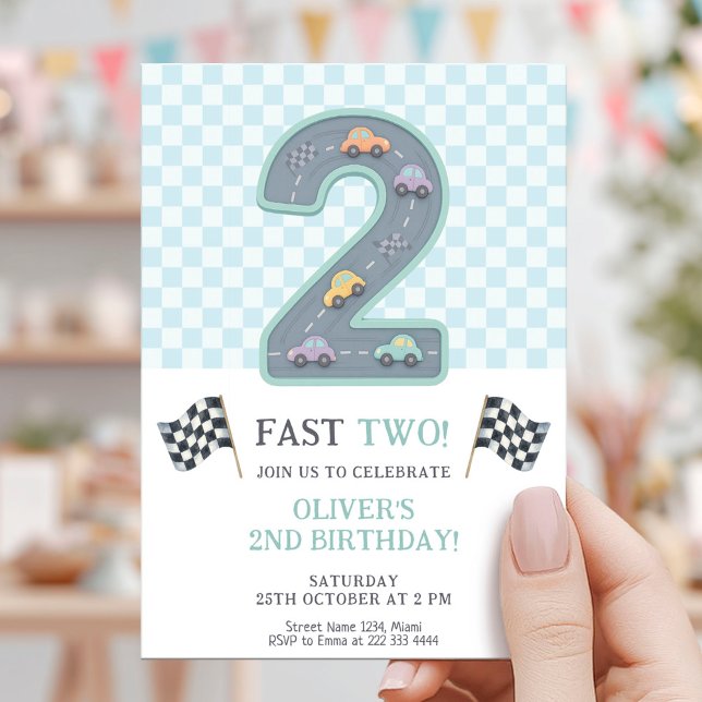 Convites Carro de Aniversário Pastel Rápido Dois (Criador carregado)