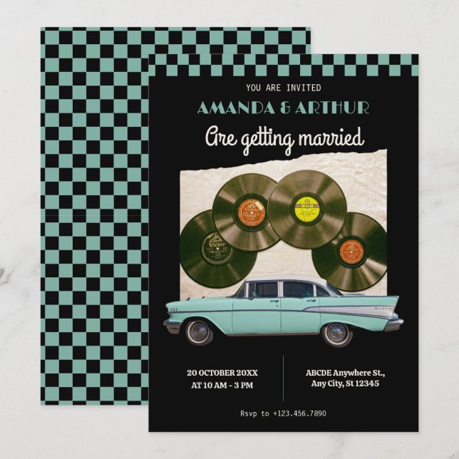 Convites Carro de casamento clássico vintage (Frente/Verso)