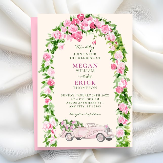 Convites Carro de casamento com floral aquarela (Criador carregado)