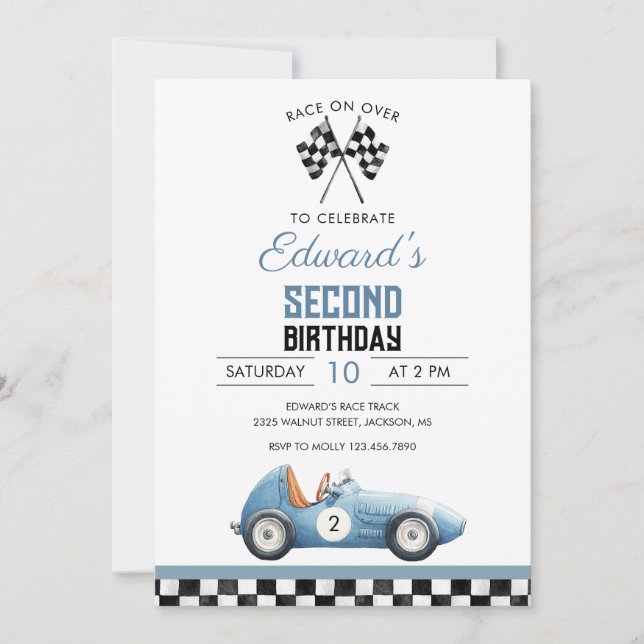 Convites Carro de Corrida Azul Aniversário de Qualquer Idad (Frente)