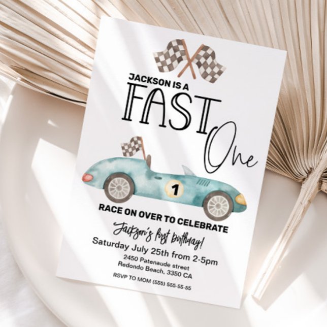 Convites Carro de corrida azul FAST ONE 1º aniversário (FAst one birthday invitation, 1st birthday)