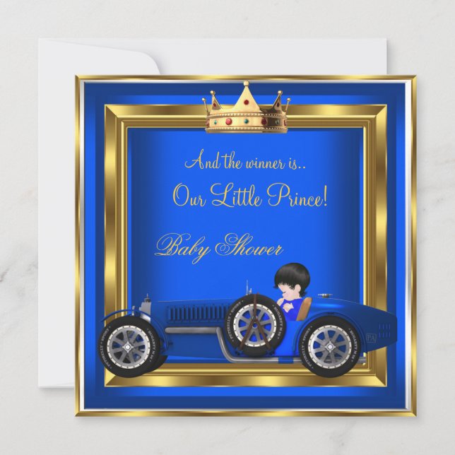 Convites Carro de Corrida de Menino Dourado Azul Príncipe C (Frente)