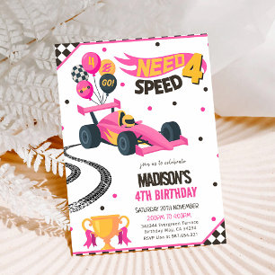 Convites Carro de Corrida Rosa Aniversário de 4 anos