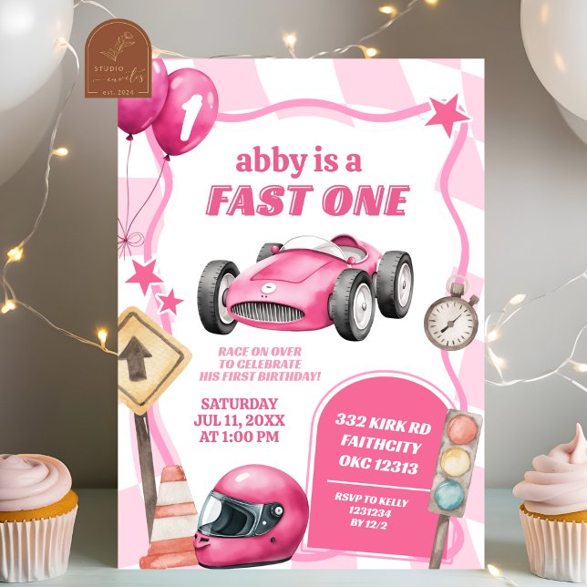 Convites Carro de Corrida Rosa Rápido Primeiro Aniversário  (Criador carregado)