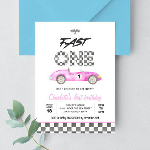 Convites Carro de Corrida Rosa Vintage Fast ONE 1º Aniversá