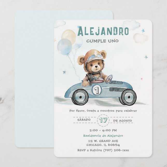Convites Carro de Corrida Ursinho Bebê Primeiro Aniversário (Frente/Verso)