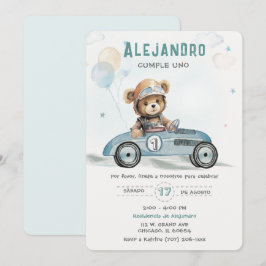 Convites Carro de Corrida Ursinho Bebê Primeiro Aniversário