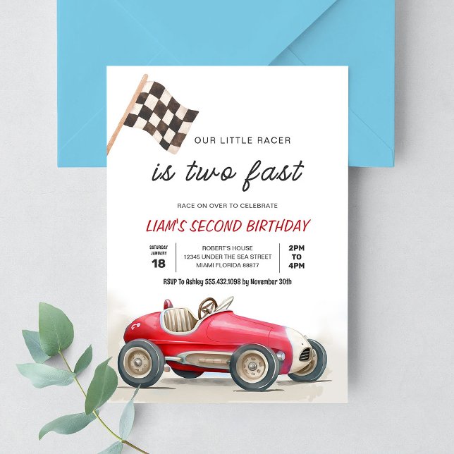 Convites Carro de Corrida Vintage Rápido 2º Aniversário (Criador carregado)