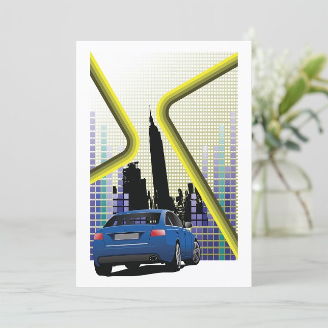 Convites Carro de Desempenho Azul Horizonte Urbano (Criador carregado)