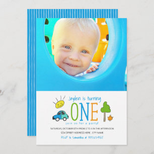 Convites Carro de primeiro aniversario de Doodais Colorido