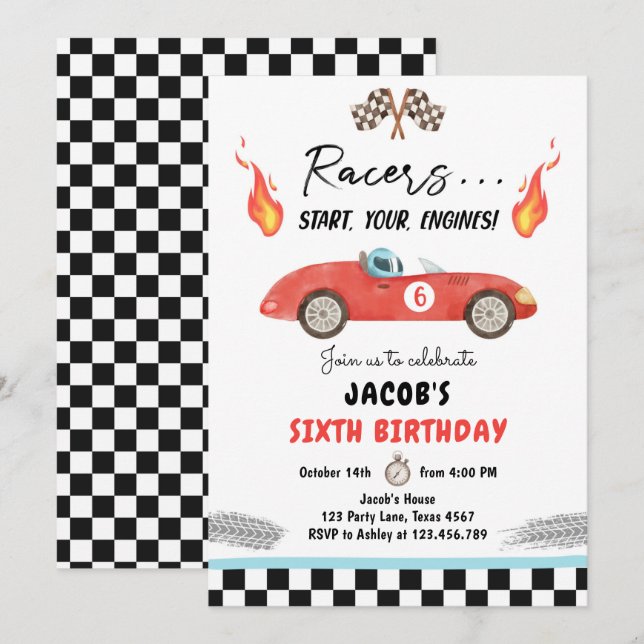 Convites Carro Race Vermelho, Rapaz Curioso Aniversário (Frente/Verso)