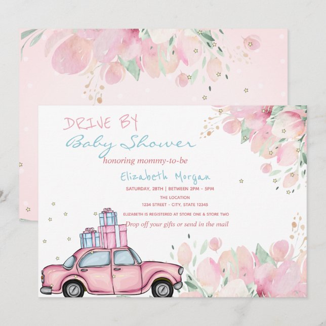 Convites Carro Rosa Apresenta Chuveiro de Bebê de Flores ao (Frente/Verso)