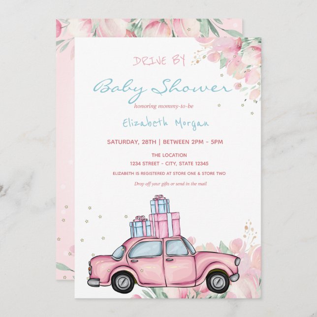 Convites Carro Rosa Apresenta Unidade Floral Por Chá de fra (Frente/Verso)