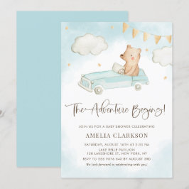 Convites Carro vintage de Urso de Bebê com Aquarela Chá de