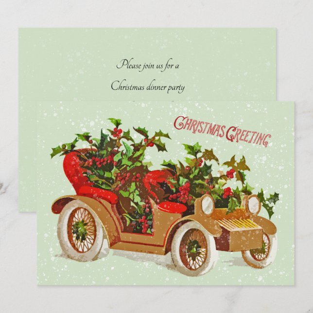 Convites Carro vintage Feliz de Natal Holly Sage (Frente/Verso)