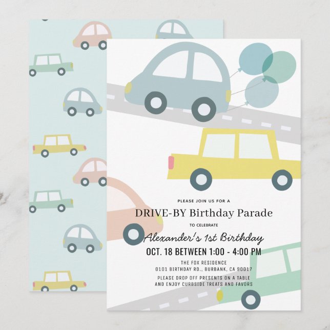 Convites Carros com Balões Blue Boy Drive by Birthday (Frente/Verso)