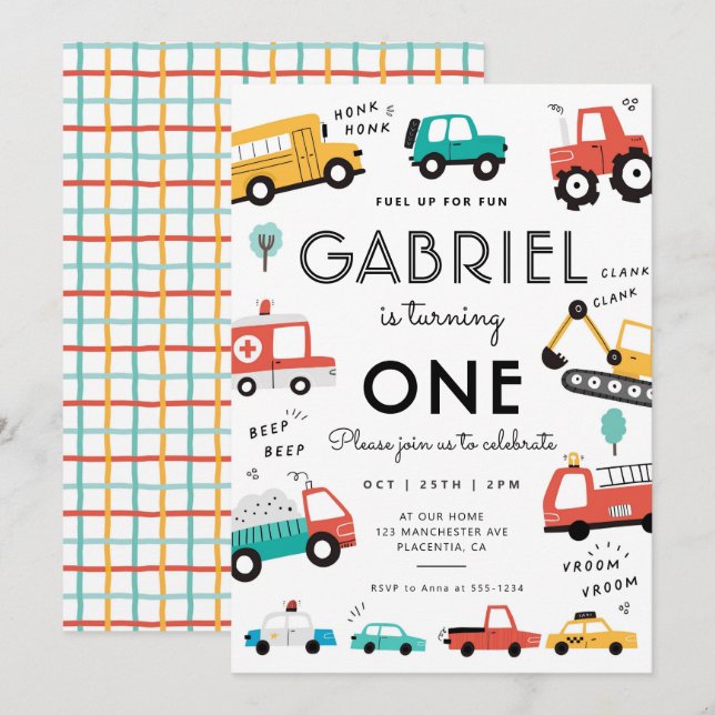 Convites Carros e Caminhões - festa de aniversário de trans (Frente/Verso)