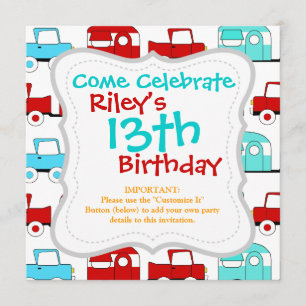 Convites Carros vintage Vermelhos Turquesa do Retro-Camping