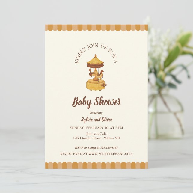 Convites Carrossel chá de fraldas bonitinho neutro (Em pé/Frente)