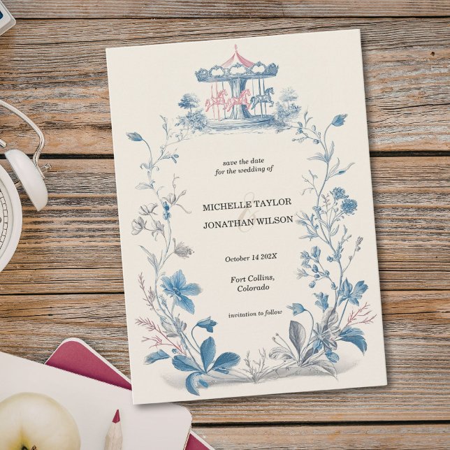 Convites Carrossel de Jardim Vitoriano Antigo Salve a Data (Vintage Victorian Garden Carousel Save the Date Invitation)