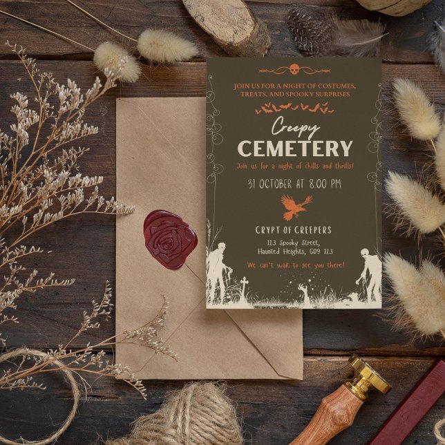 Convites Carrot Orange Cemetery Pearl com Acento Laranja (Creepy Cemetery Pearl with Carrot Orange Accent Invitation Cover from The Beekeeper Store)