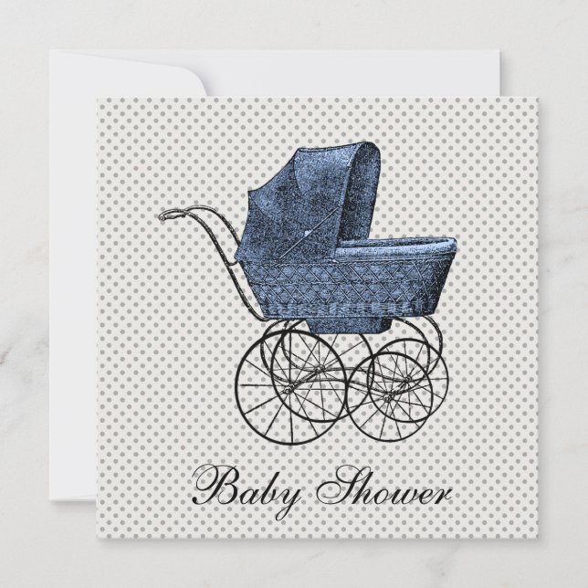 Convites Carruagem Azul Vintage Pram Baby Boy Chá (Frente)