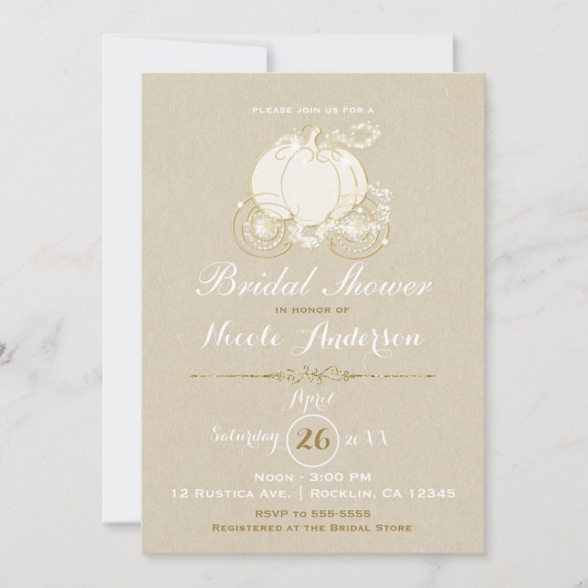 Convites Carruagem Cinderela Kraft Casamento Moderno Dourad (Frente)