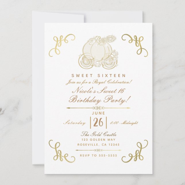 Convites Carruagem de Abóbora Dourada do Ouro Real Festa Do (Frente)