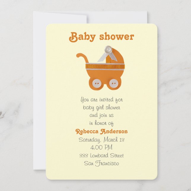 Convites Carruagem de bebê laranja, botão branco para chá d (Frente)
