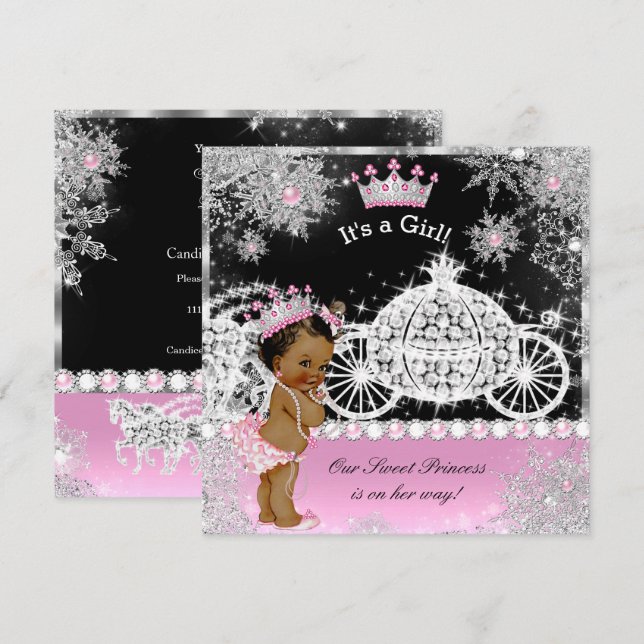Convites Carruagem de Chuva de Bebê Princesa Étnica Rosa Pr (Frente/Verso)