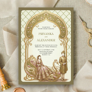 Convites Carruagem de Cisne de Lótus Dourado Verde Musgo Ca
